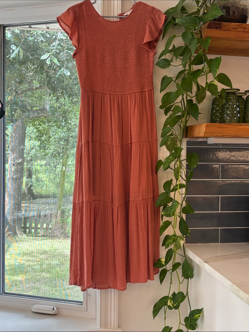 Smocked Rust Tiered Maxi Dress with Flutter Sleeves